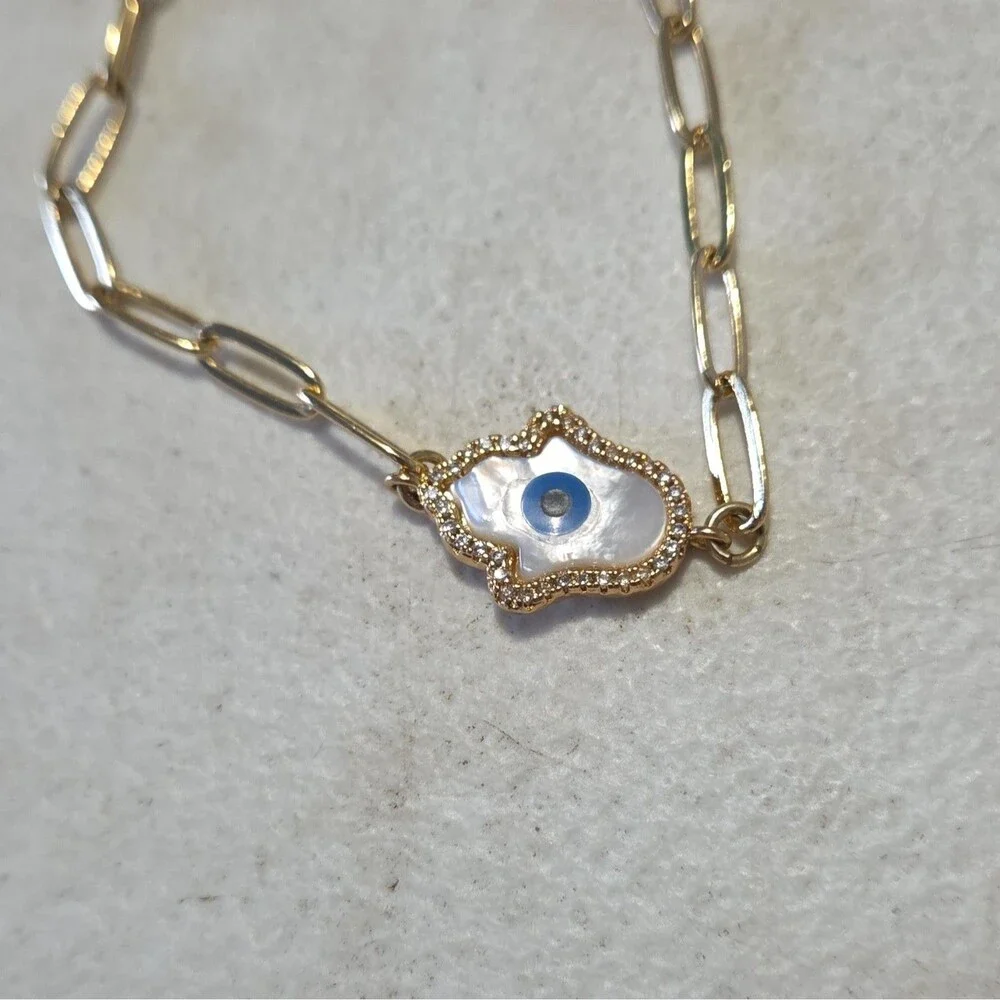 Gold Tone Paperclip Chain Evil Eye Hand Dangle Charm Bracelet, Lobster Clasp